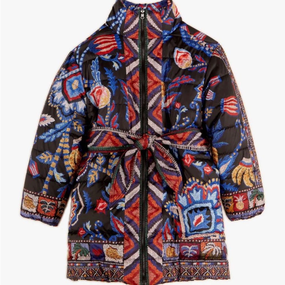 FARM Rio Black Quilted Puffer Jacket with Multicolor Floral & Geometric Print - Picture 2 of 4